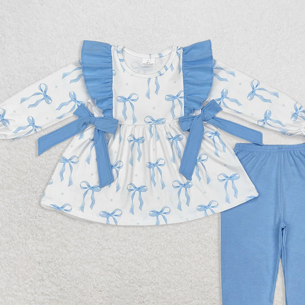 GLP2109 RTS NO MOQ Baby Girls Winter Outfits Light blue bow tunic ruffle pants girls clothing set