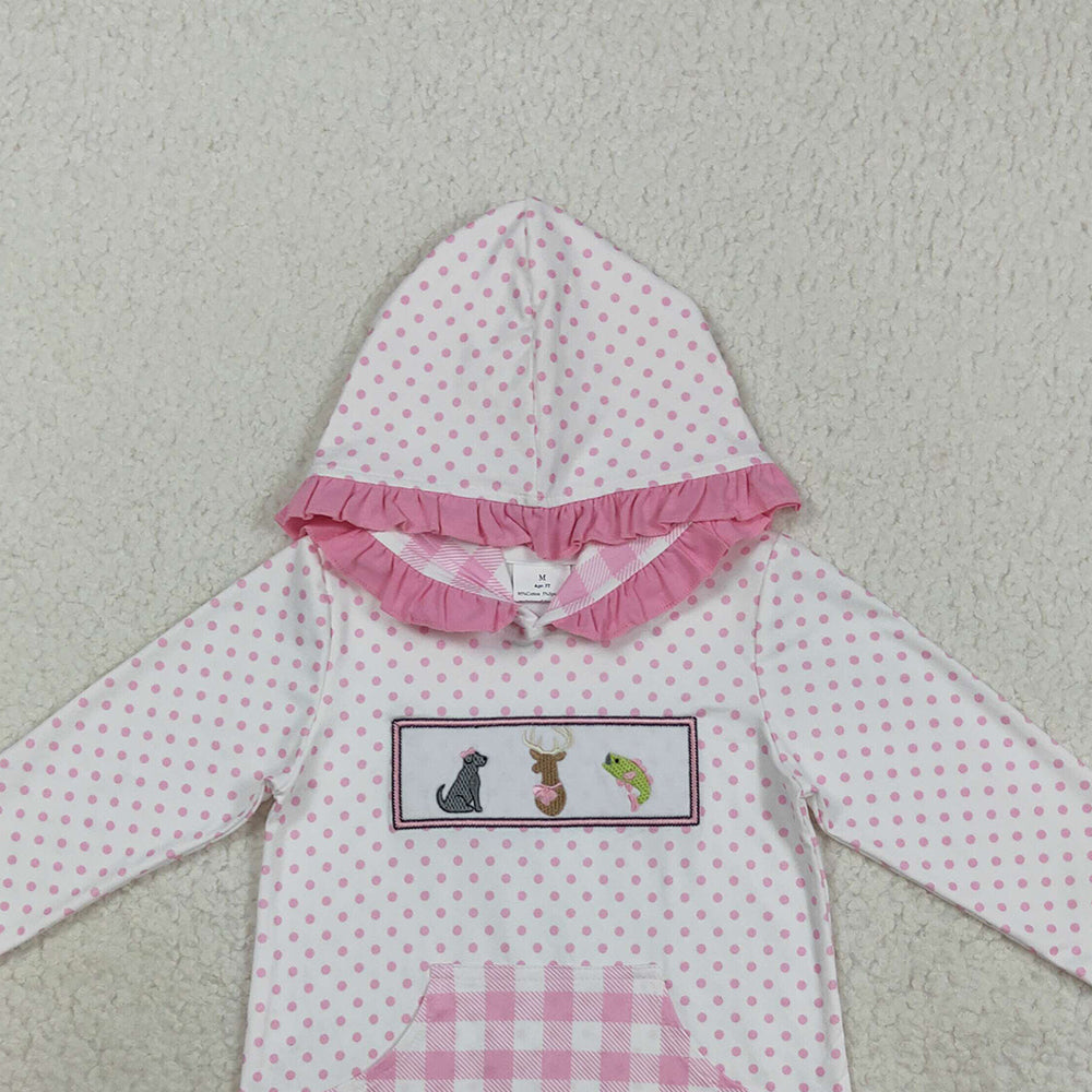8.21 RTS NO MOQ (In stock)GT1106 Baby Girls Long Sleeve Tops Embroidery Dogs Deer Fish Baby Girls Polka Dots Pocket Hoodies Top