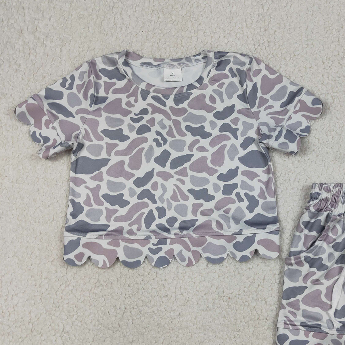4.3 GSSO3226 RTS NO MOQ (In stock )Grey camo scallop top shorts girls summer outfit
