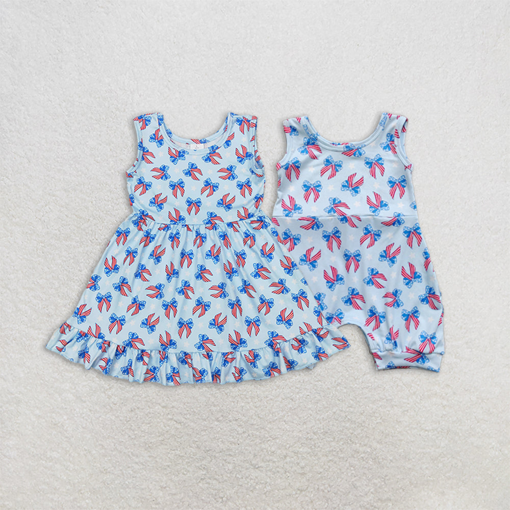 6.04 Baby Girls Sleeveless Dress Blue Stars Stripe Bows Fourth of July Outfit for Toddlers