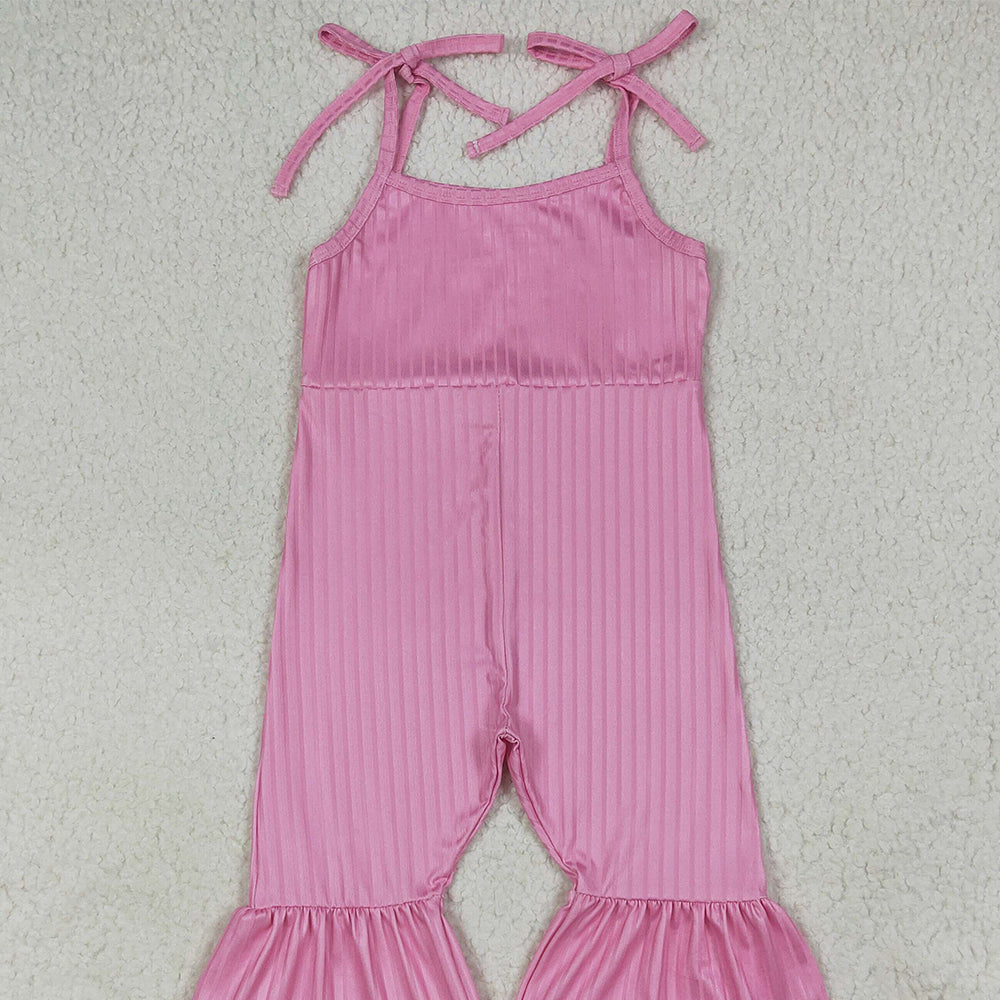 RTS NO MOQ (In stock)SR3156 Baby Girls Summer Jumpsuits Baby Girls Pink Strap Bell Bottom Ribbed Jumpsuits