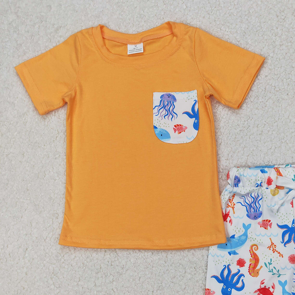 4.17 BSSO1299 RTS NO MOQ Baby Boys Orange Short Sleeves Pocket Top Sea World Short Set