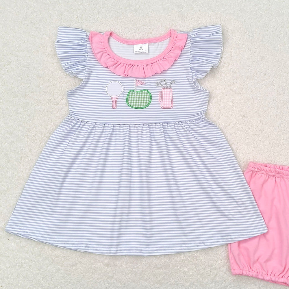 4.22 GSSO0767 RTS NO MOQ Flutter sleeves stripe golf tunic pink shorts girls clothes