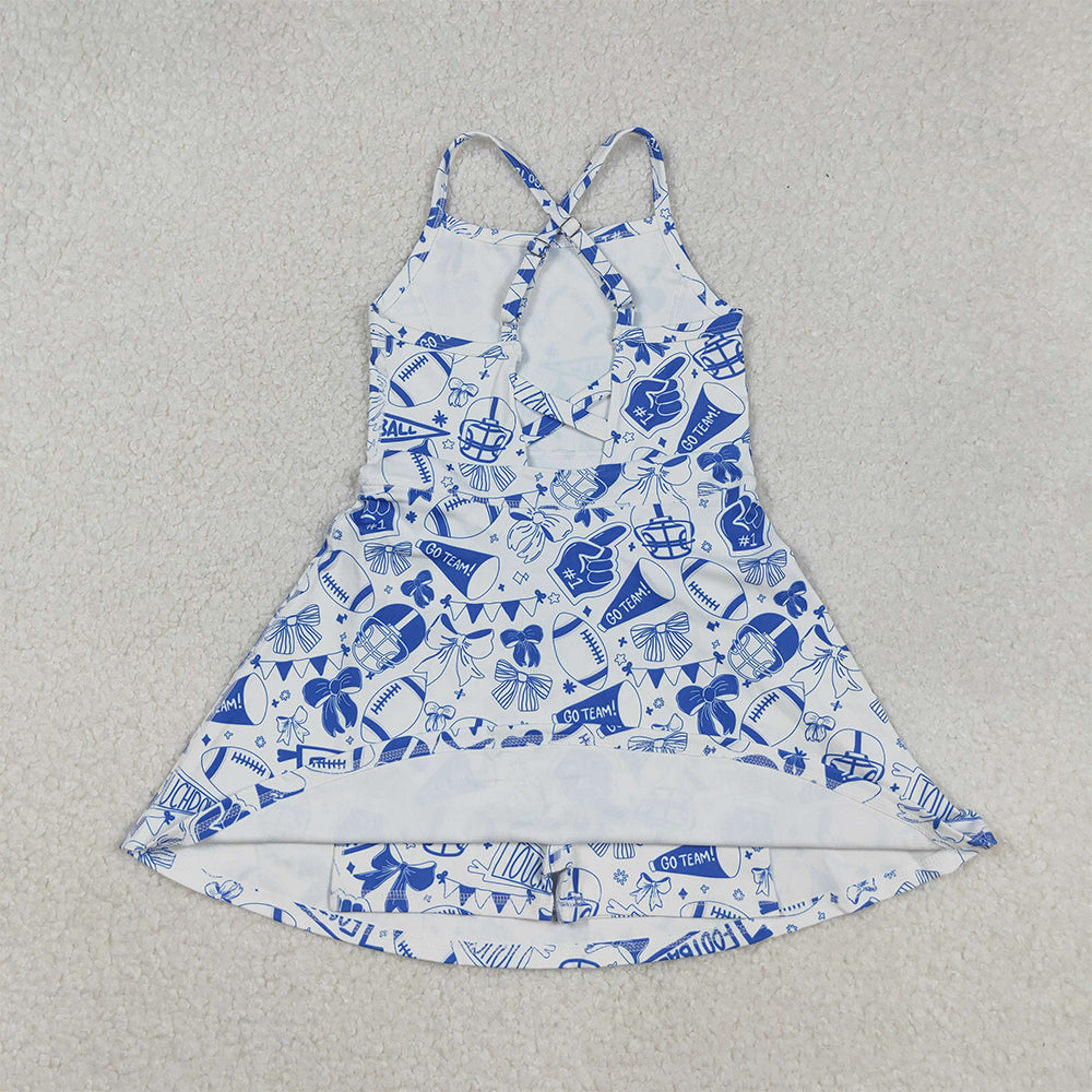 RTS NO MOQ (In stock)GSD2778 Baby Girls Summer Yoga Dress Blue Bow Straps Athletic Football Girls Dress Girls' Straps Blue Bow Football Dress
