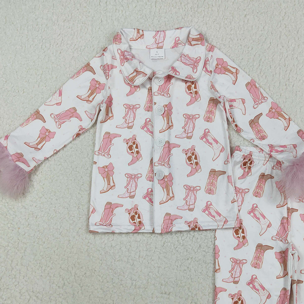 8.23 RTS NO MOQ (In stock)GLP2359 Baby Girls Winter Outfits Baby Girls Pink Fur Sleeves Bows Boots Plaid Button Top Pant Pajamas Set