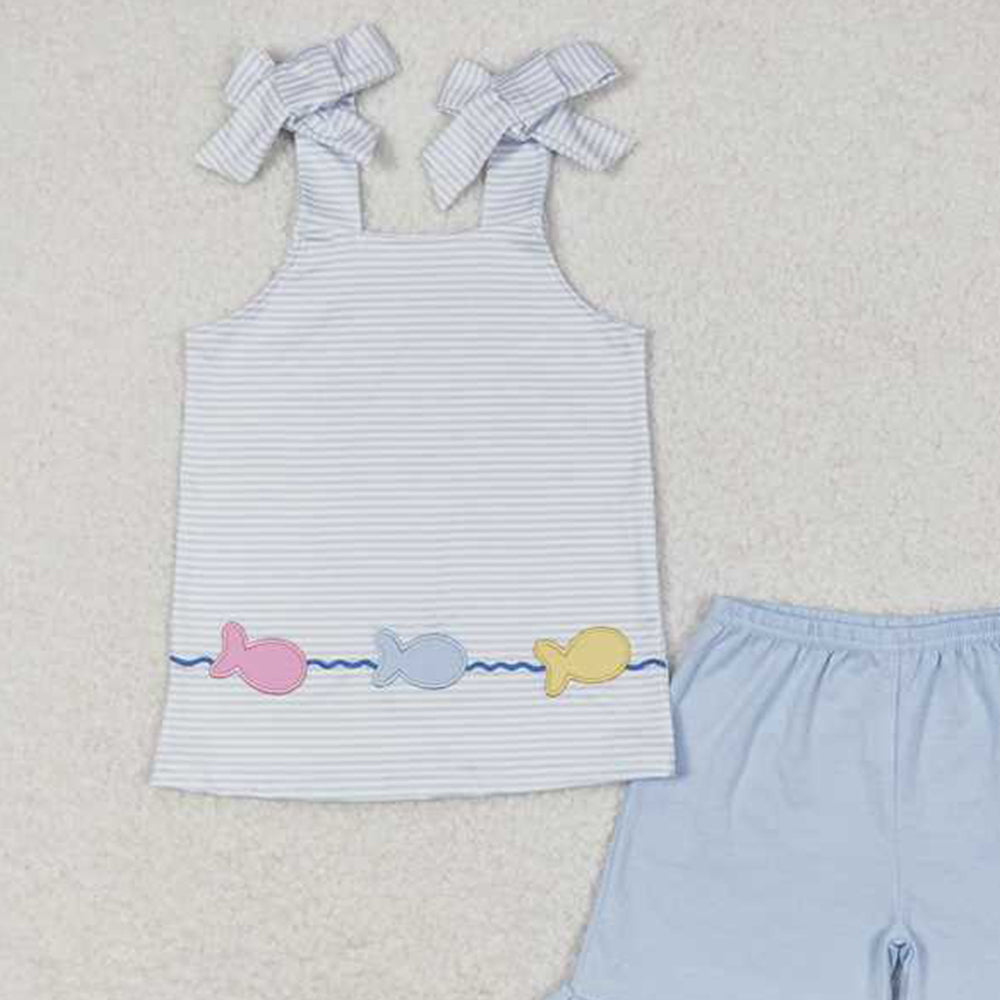 5.28 GSSO0809 RTS NO MOQ Baby Girls Summer Outfits Straps stripe fish top ruffle shorts girls summer clothes