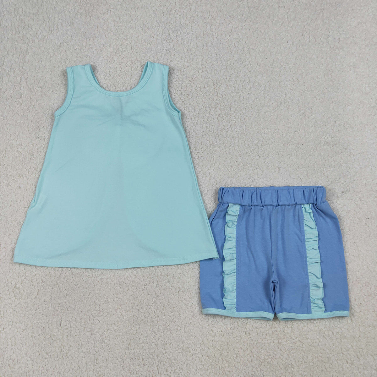 4.1 RTS NO MOQ (In stock)GSSO3463 Sleeveless bow tunic blue shorts girls summer outfits