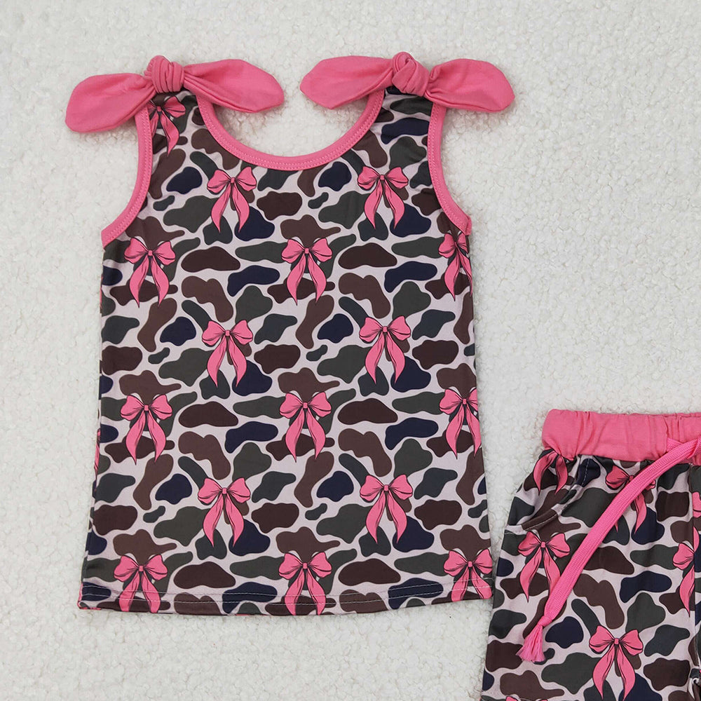6.24 GSSO2083 RTS NO MOQ Sleeveless pink bow camo top shorts girls clothes