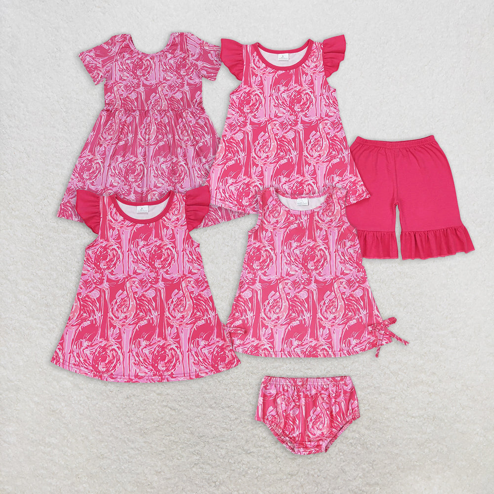 6.18 RTS NO MOQ Hot pink watercolor flamingo top ruffle shorts girls clothes dress tops