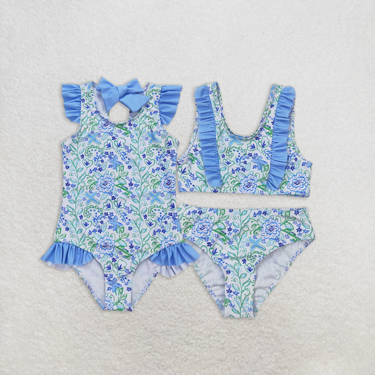 7.19 RTS NO MOQ Baby Girls Summer Swimsuits Light blue green floral girls one pc swimsuit