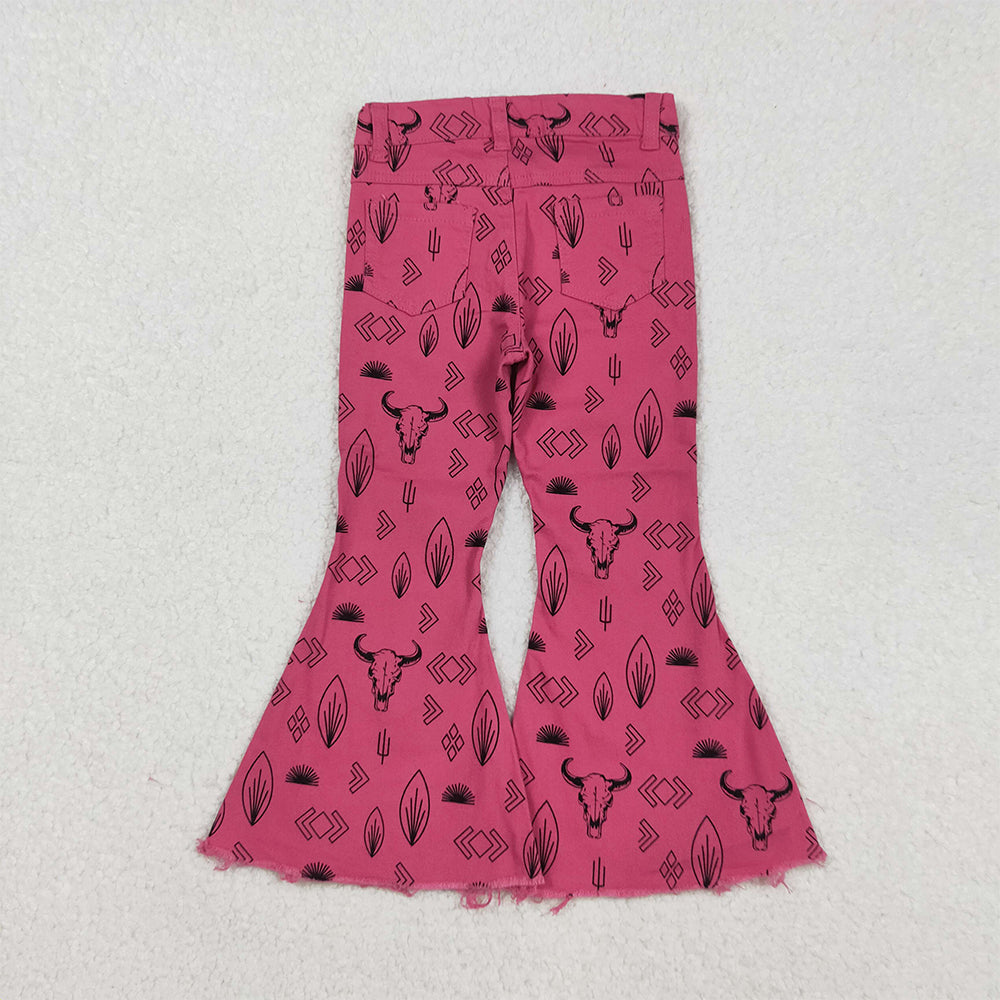 RTS NO MOQ (In stock)P0159 Baby Girls Denim Pants Western Style Pink Cow Embroidered Denim Bell Pants Casual Infant Outfit for Girls