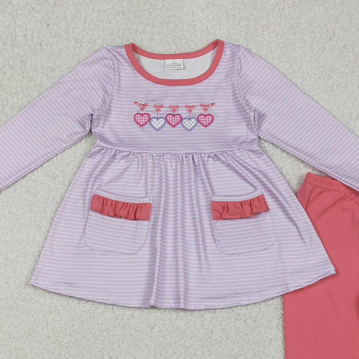 10.23 RTS NO MOQ (In stock)GLP2906 Embroidery Hearts Baby Girls Stripe Pockets Tunic Leggings Valentine Clothes Sets