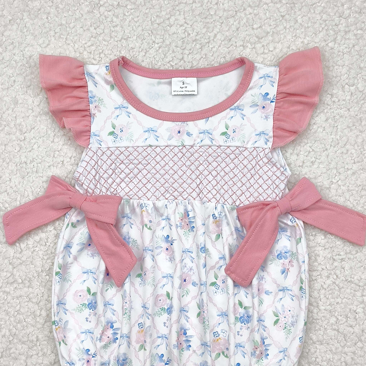 4.23 SR2923 RTS NO MOQ Baby Girls Summer Rompers Embroidery Baby Infant Girls Pink Flutter Sleeves Floral Bows Top Ruffle Rompers