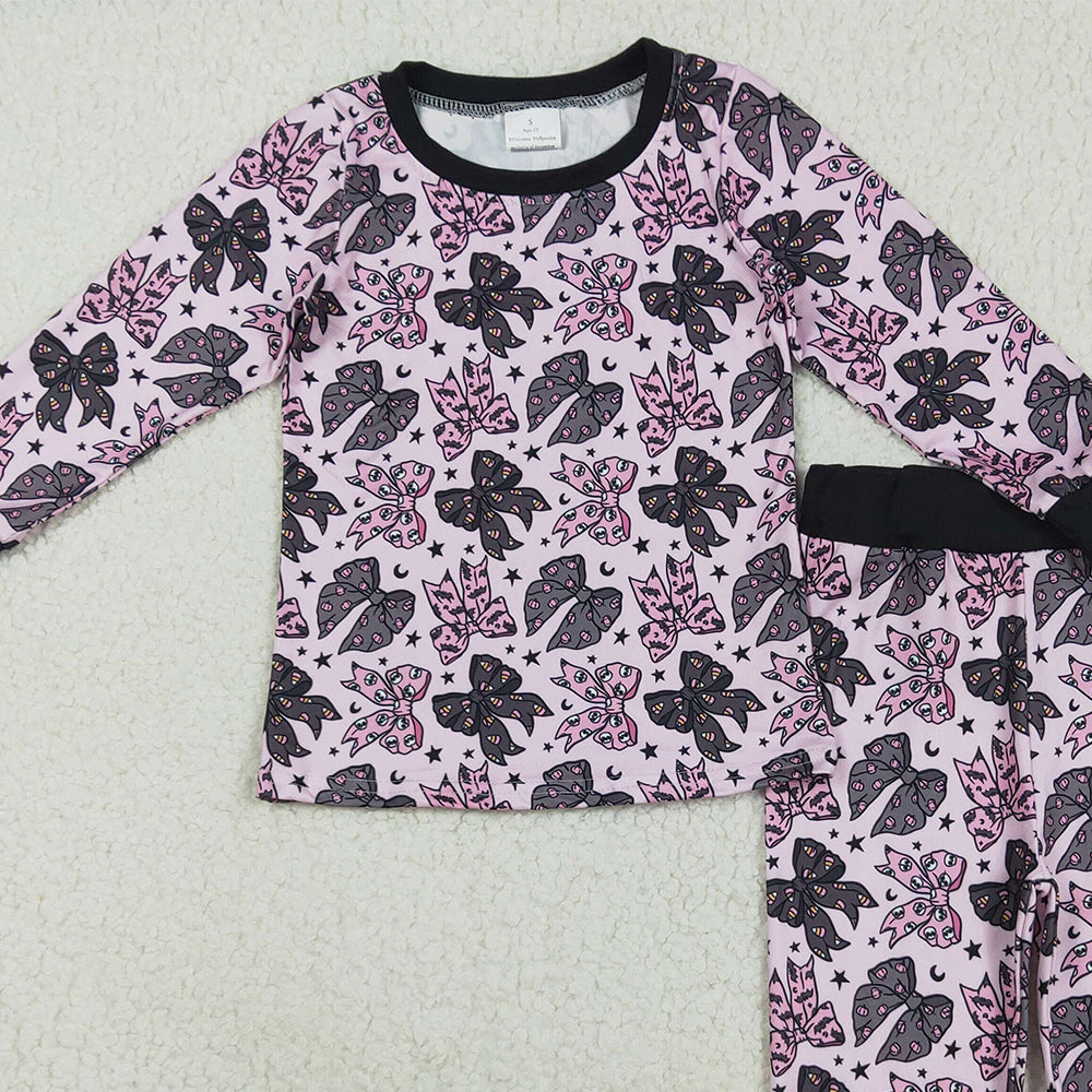 8.22 RTS NO MOQ (In stock)GLP2516 Baby Girls Winter Outfits Baby Girls Long Sleeves Black Pink Bows Stars Top Pant Pajamas Sets