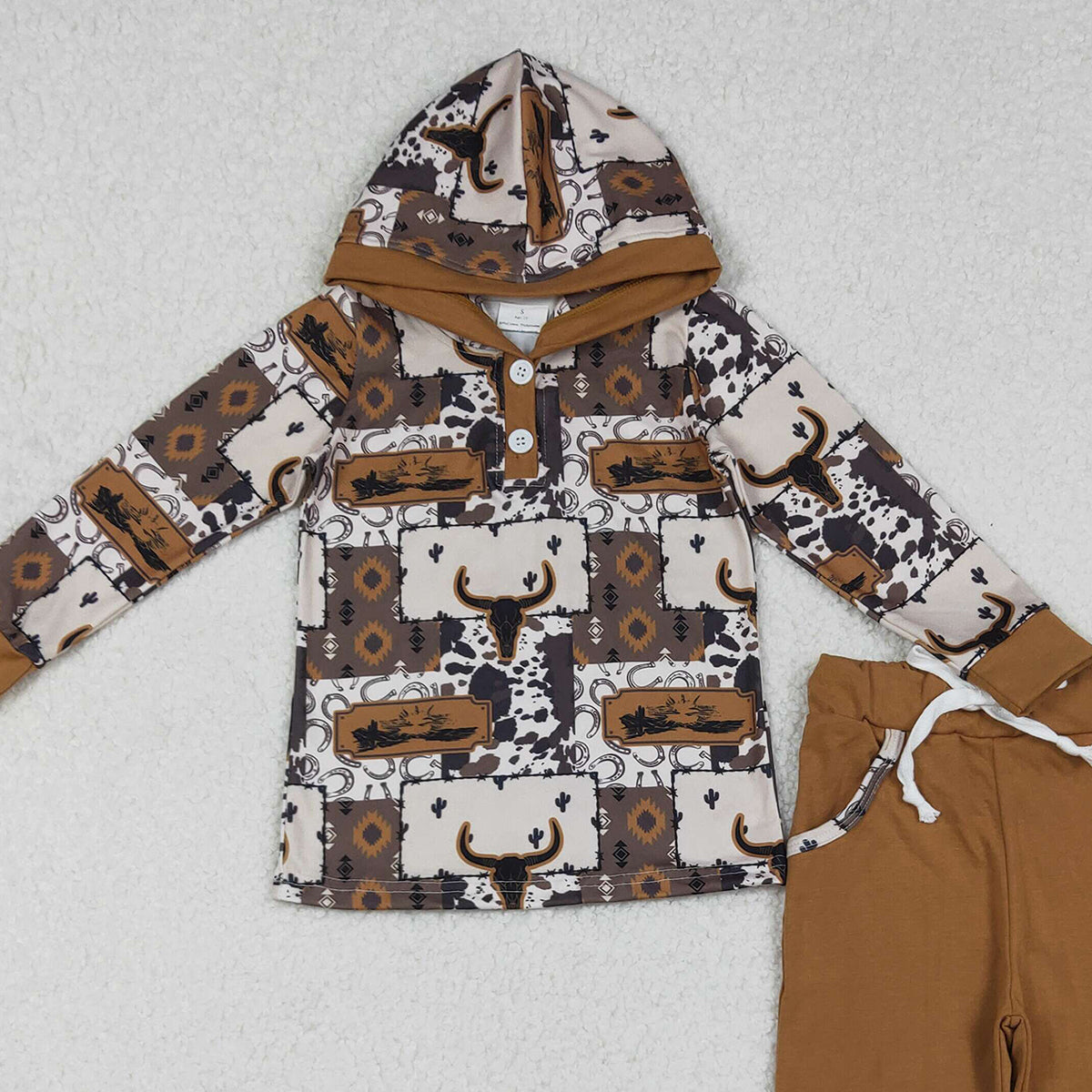10.16 RTS NO MOQ (In stock)BLP1238 Baby Boys Winter Outfits Baby Boys Aztec Bull Skull Button Hoodies Pockets Pant Western Clothes Sets
