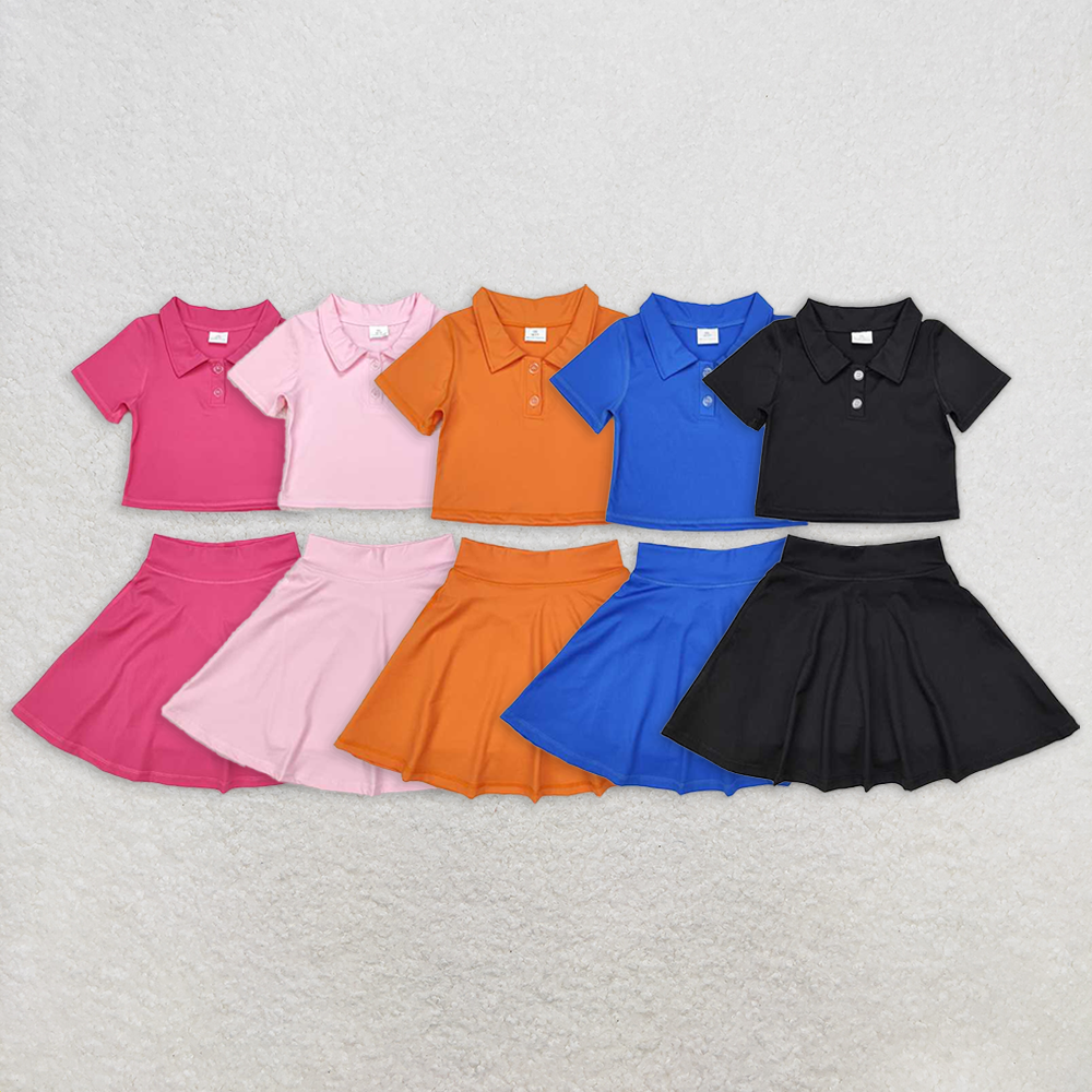 6.09 RTS NO MOQ Baby Girls Summer Yoga Outfits Blue polo shirt skirt girls active wear set