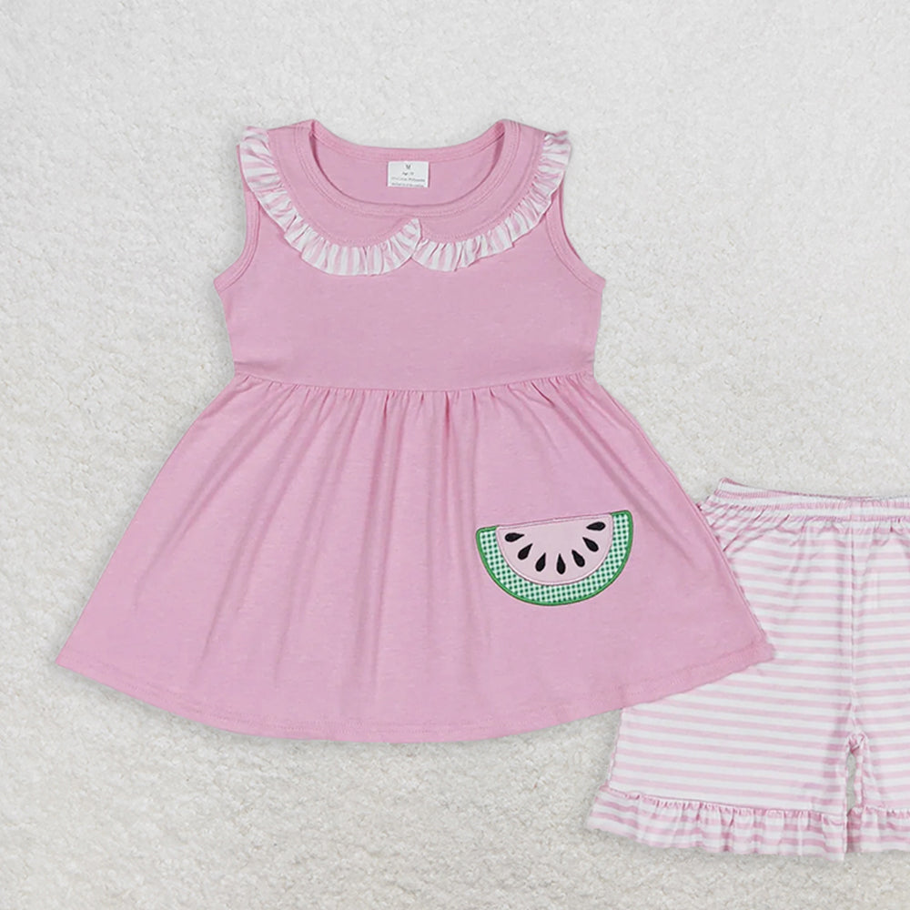GSSO1055RTS NO MOQ Baby Girls Summer Outfits Embroidered watermelon striped lace doll collar pink sleeveless shorts suit
