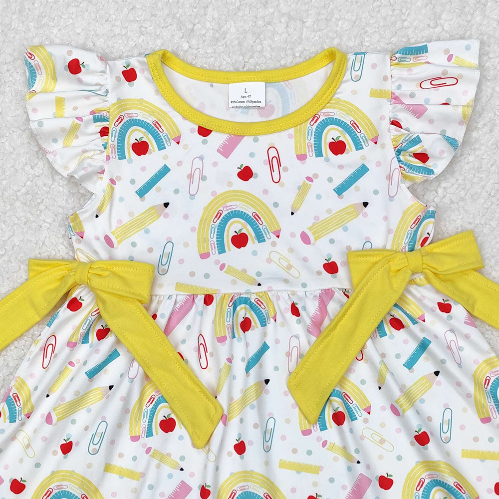 GSD1823Rainbow Girls Flutter Sleeve Apple Pencil Dress Cute Back to School Dress for Kids