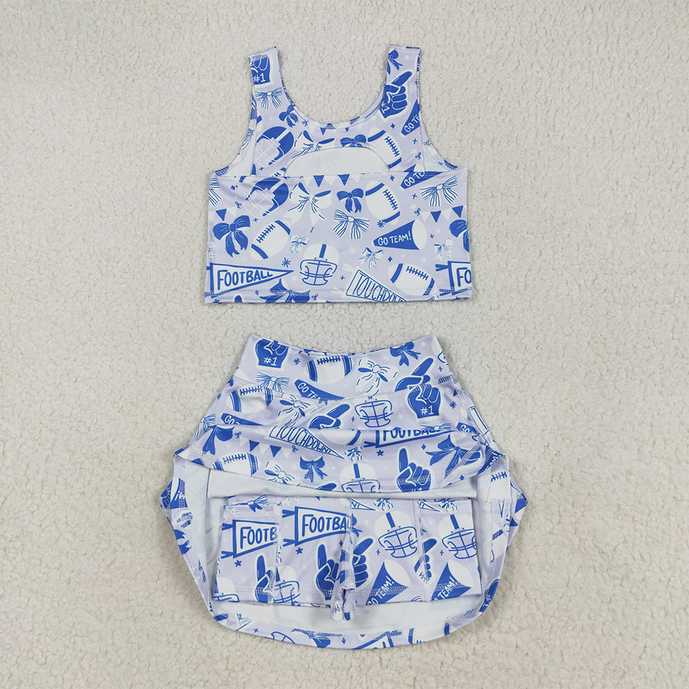 USA Shop (in stock)GSD2688 Baby Girls Yoga Outfits Baby Girls Team Blue Football Bows Vest Top Short Skirts Yoga Set