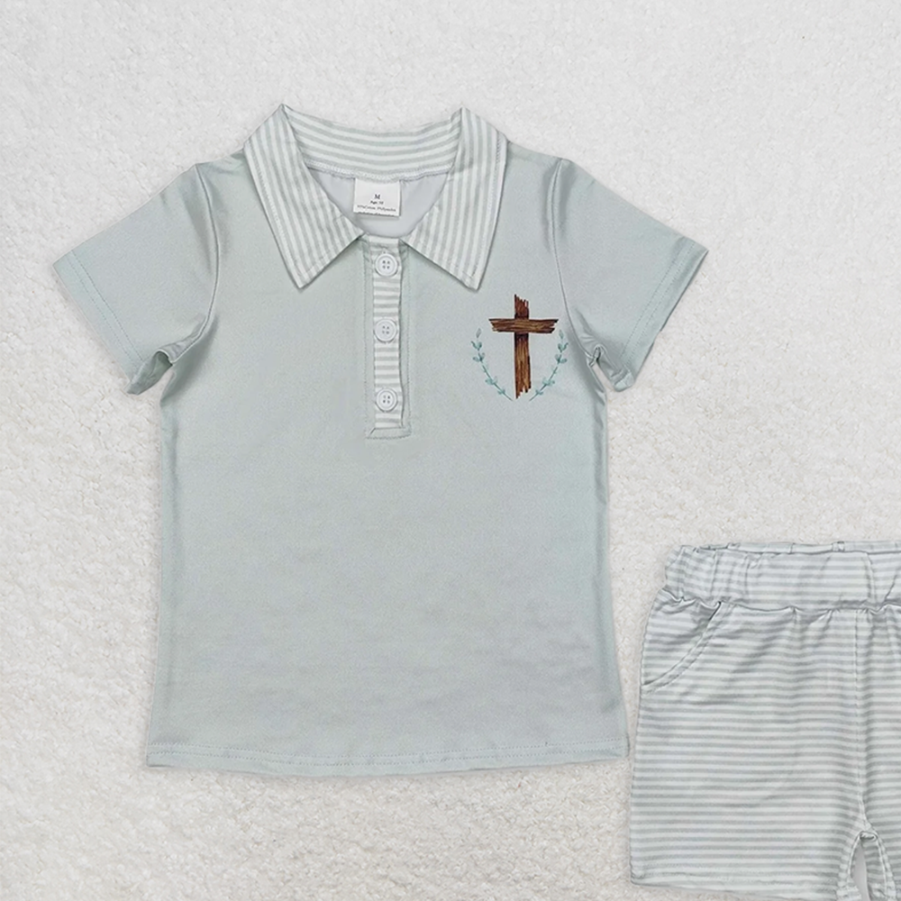 BSSO1025RTS NO MOQ Baby Boys Summer Boys Outfits Baby Boys Easter Cross Tee Shorts Clothes Sets