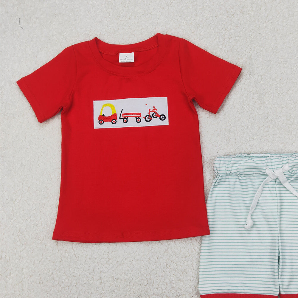 6.16 BSSO1432 RTS NO MOQ Baby Boys Summer Boys Outfits Embroidered bicycle red short sleeve green striped shorts set