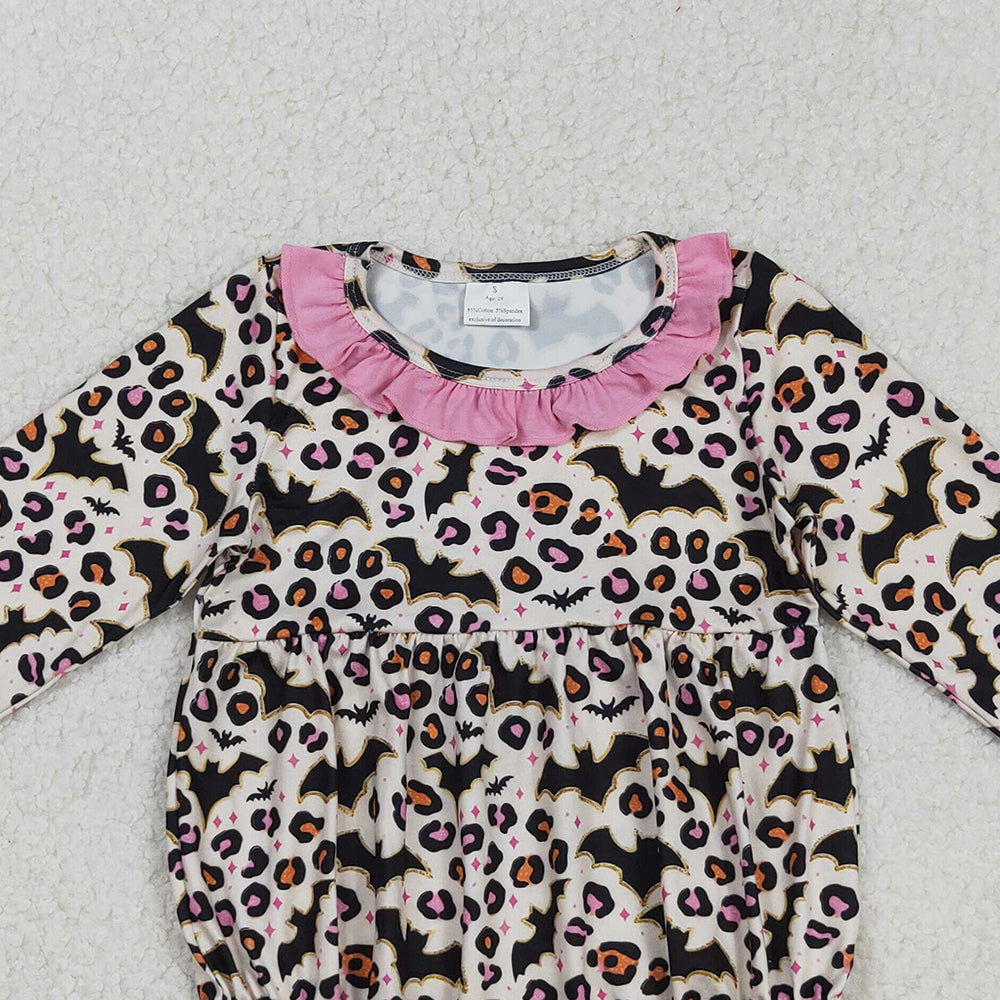 RTS NO MOQ (In stock)LR2473 Baby Girls Winter Rompers Halloween Costume Leopard Bats Ruffle Rompers