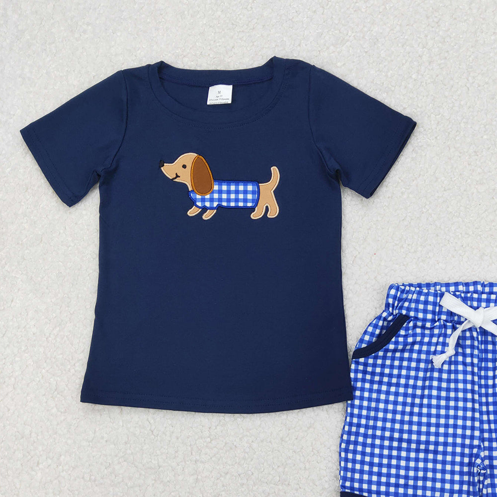 4.10 BSSO1227 RTS NO MOQ Baby Boys Summer Boys Outfits Baby Boys Navy Short Sleeves Dog Print Top Plaid Pockets Short Set