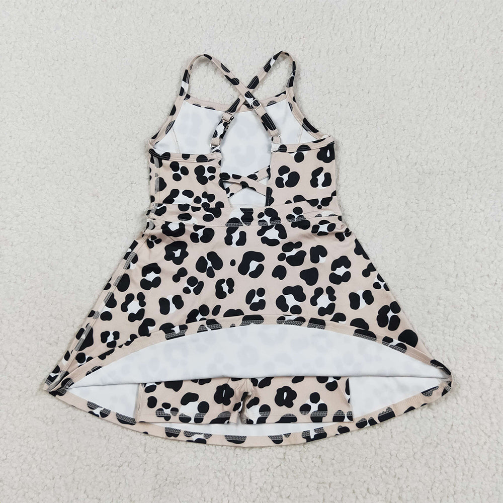 RTS NO MOQ (In stock)GSD2650 Baby Girls Yoga Dress Baby Girls Strap Leopard Shorts Yoga Active Knee Length Dresses