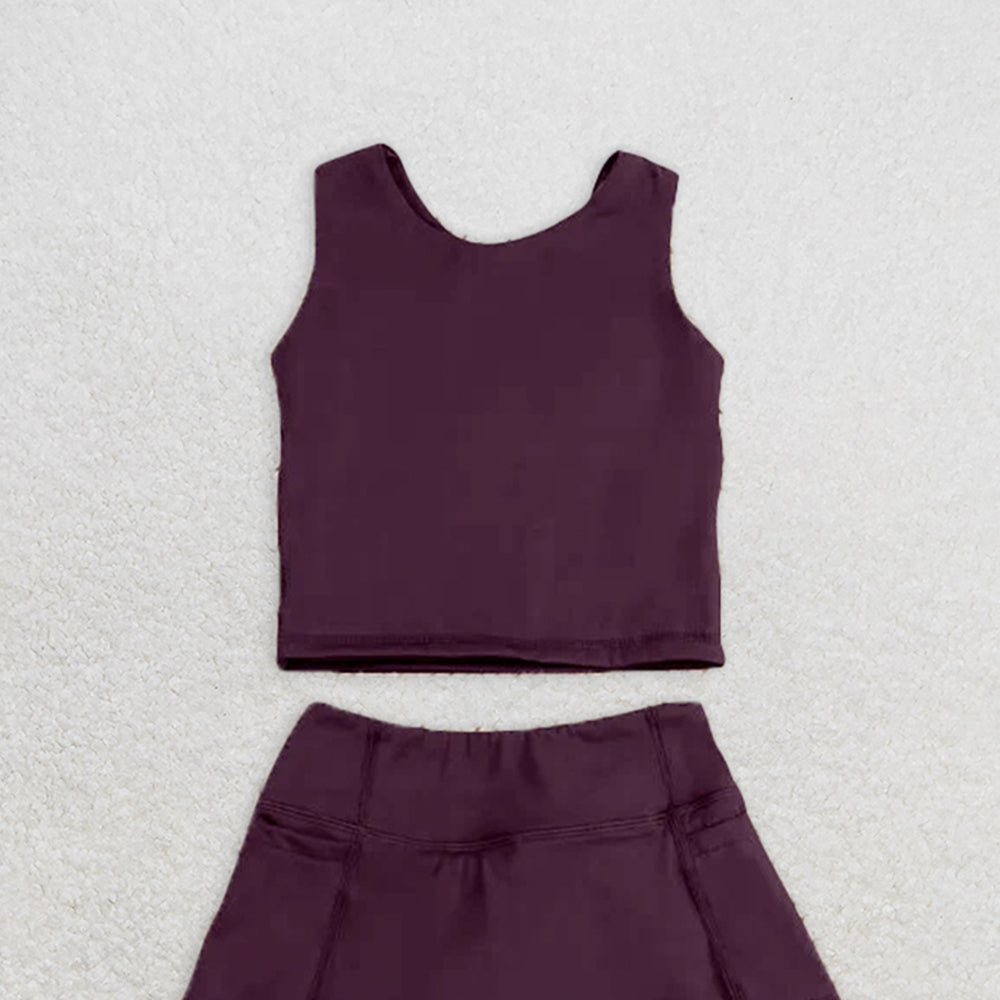 6.16 GSD1981 RTS NO MOQ Baby Girls Yoga Outfits Brown sleeveless top skirt kids girls active wear set