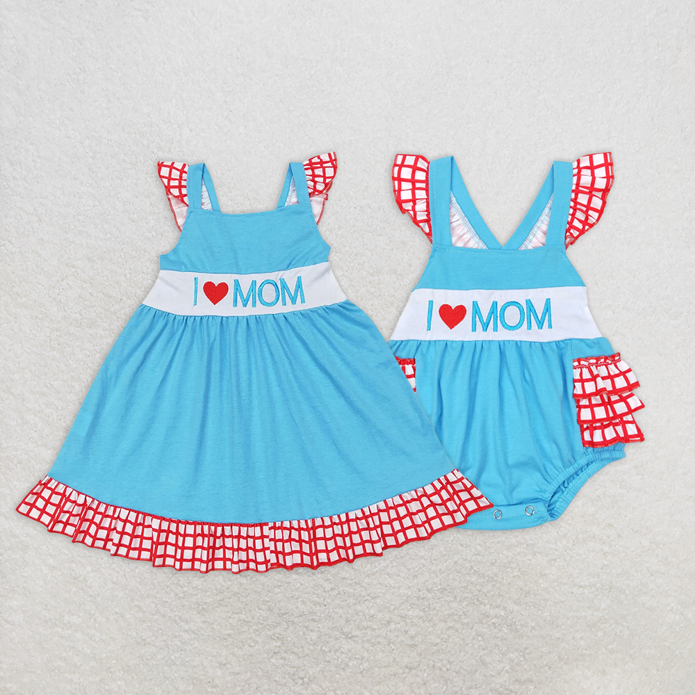 7.22 RTS NO MOQ I love mom light blue plaid ruffle girls mother's day dress rompers