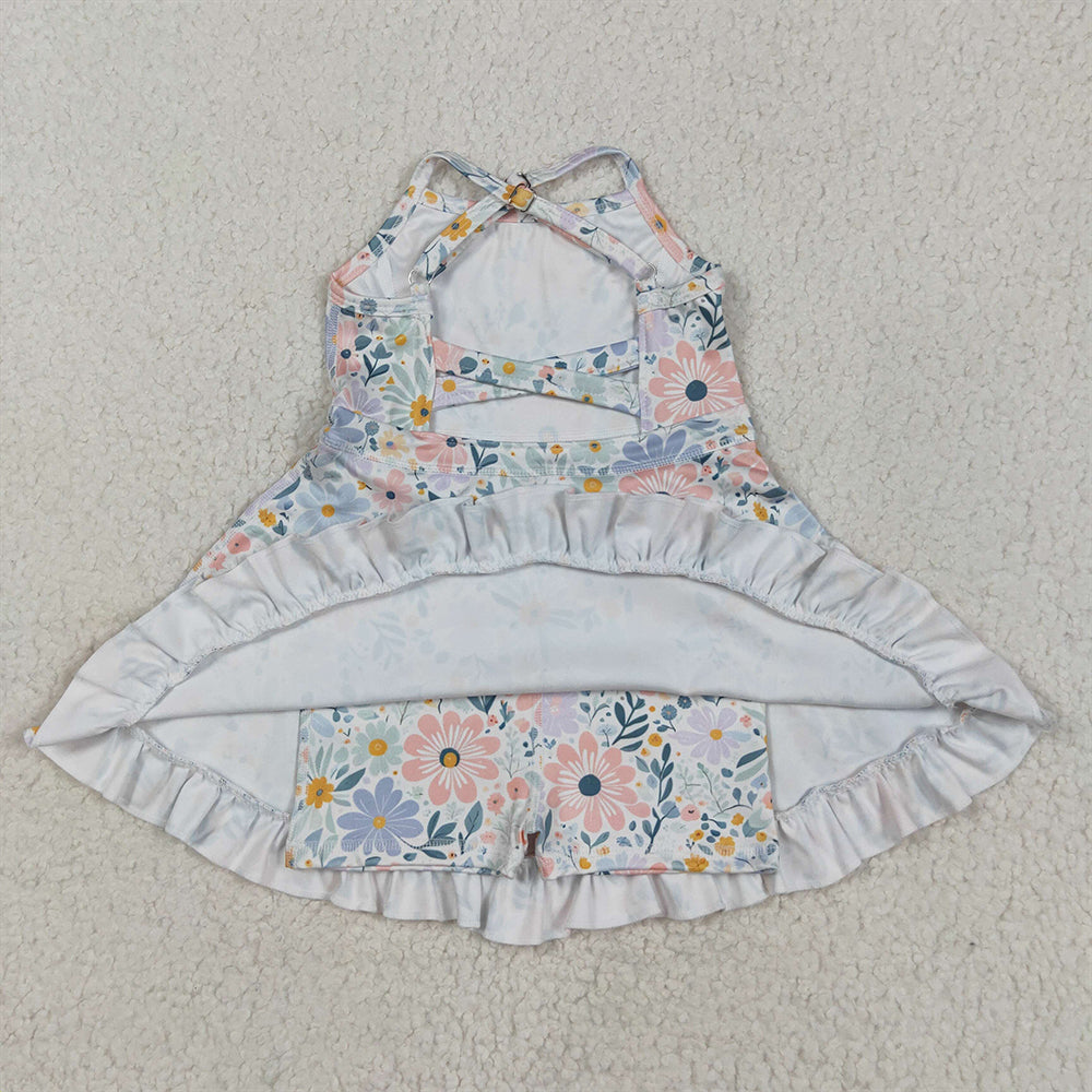 6.18 GSD2281RTS NO MOQ Baby Girls Summer Yoga Dress Baby Girls Aqua Strap Floral Yoga Ruffle Knee Length Dresses