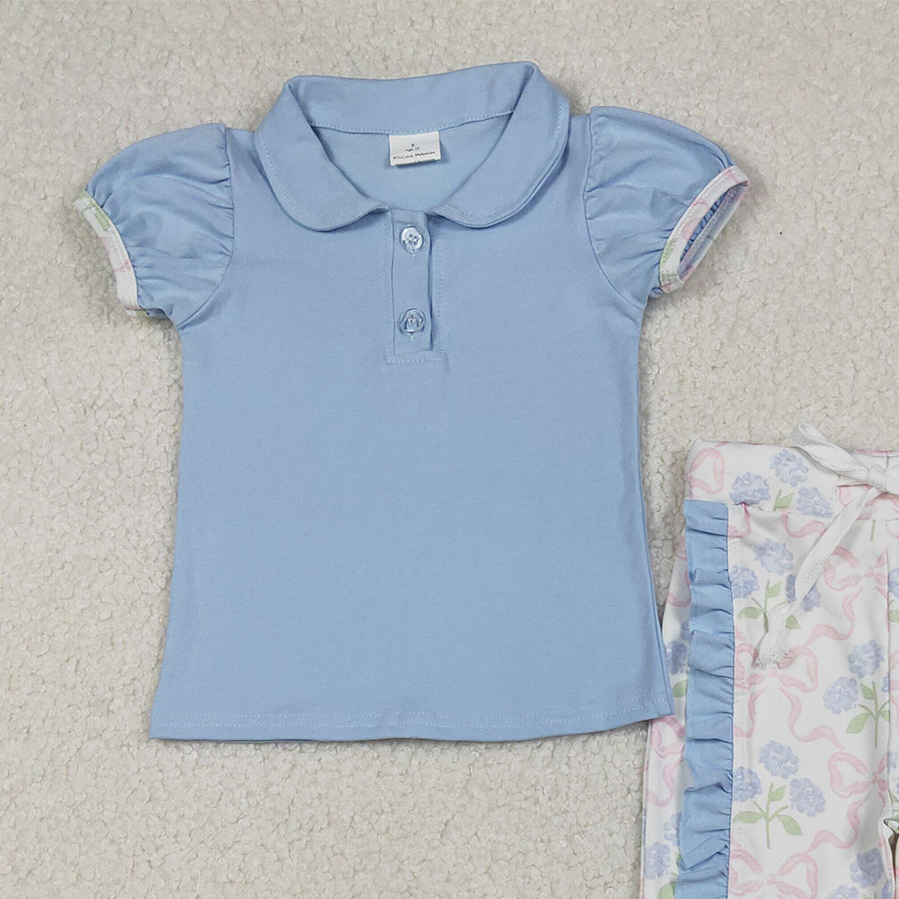 10.11 RTS NO MOQ (In stock)GSPO2069 Baby Girls Blue Button Shirts Top Floral Ruffle Leggings Clothes Sets
