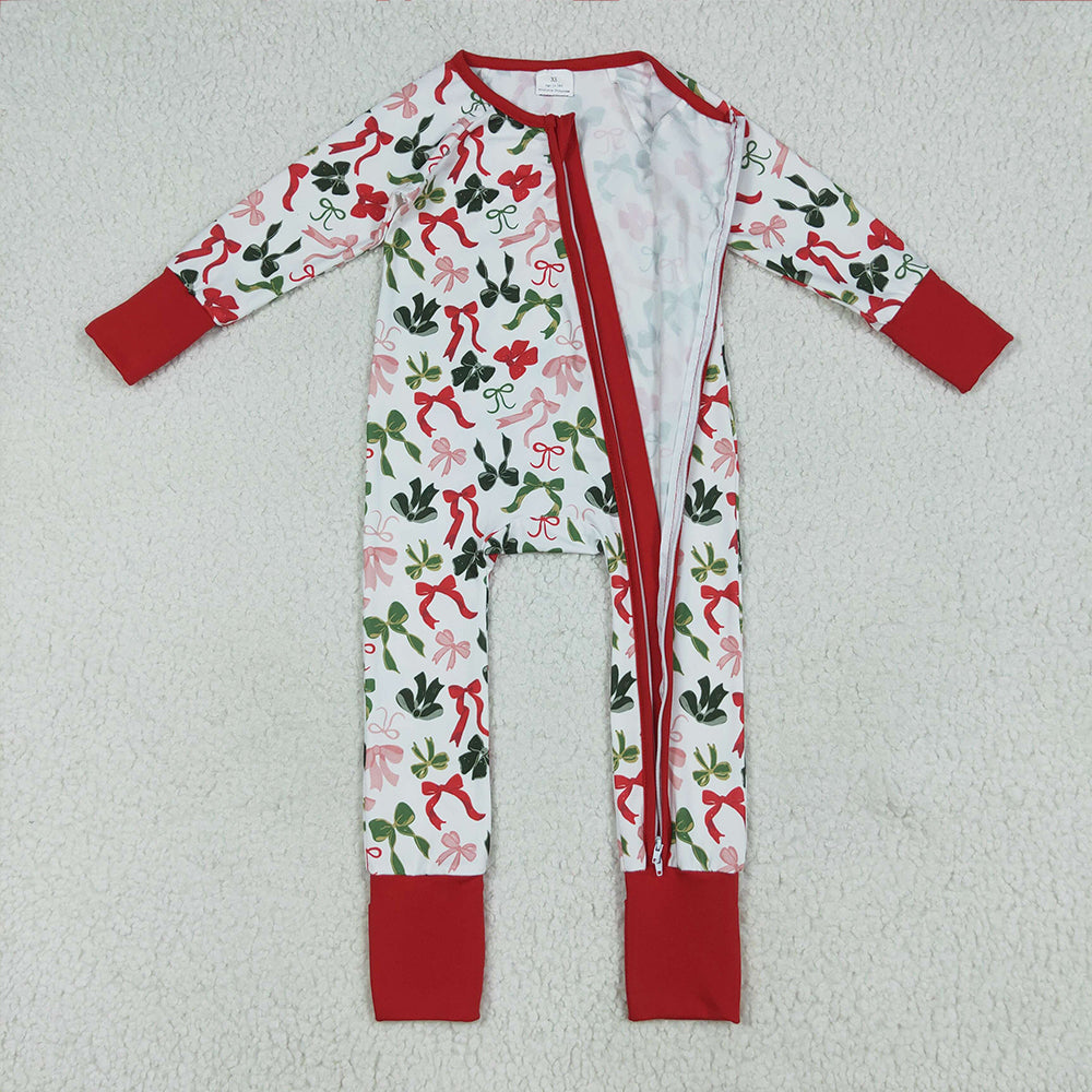 8.16 LR2203RTS NO MOQ Baby Boys Winter Rompers Baby Kids Long Sleeves Red Green Bows Zipper Rompers