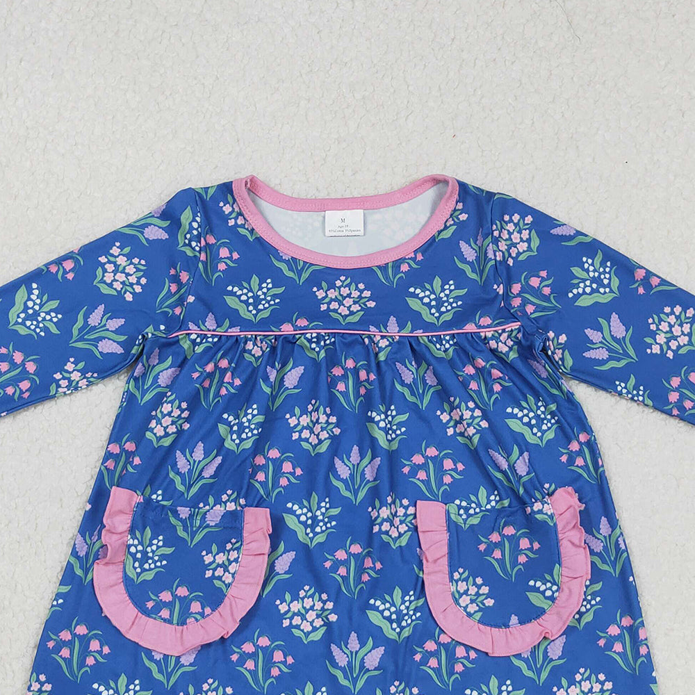 RTS NO MOQ (In stock)GLD1257 Baby Girls Winter Dress Knee-Length Dress with Blue Flowers And Pockets Cute Child's Fashion Outfit