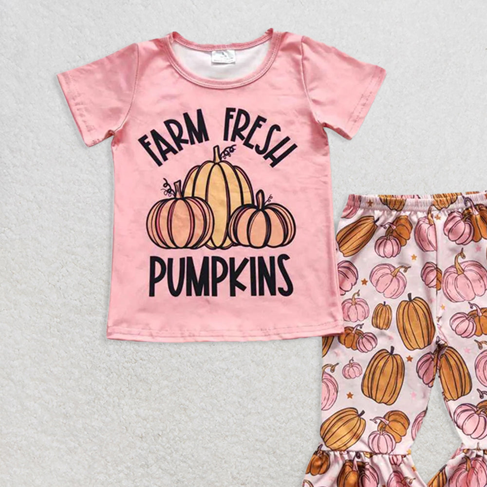 RTS NO MOQ (In stock) GSPO0607 Baby Girl Autumn Outfits PUMPKINS Pumpkin short-sleeved shorts set