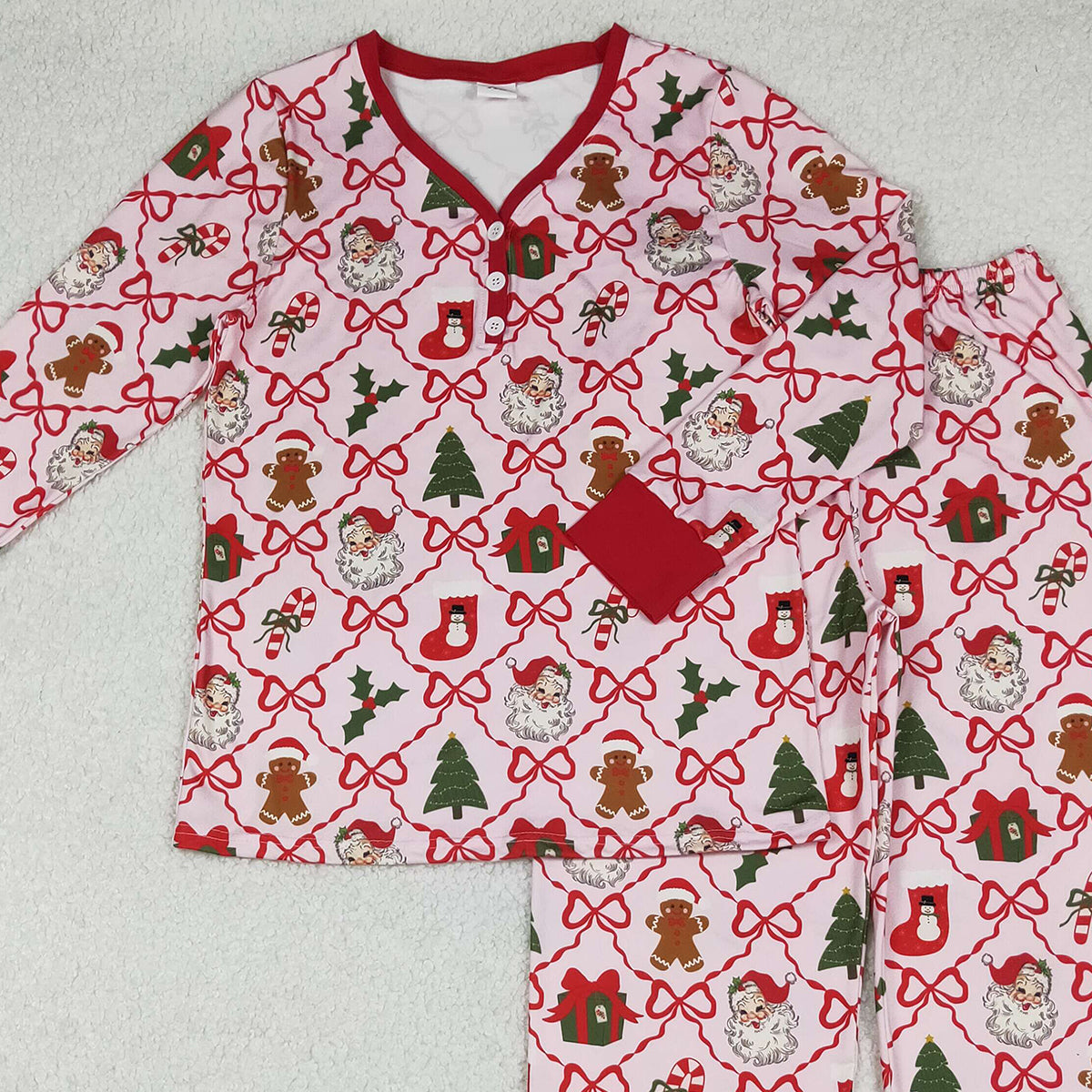 10.18 RTS NO MOQ (In stock)GLP2815 Adult Women Red Bows Santa Checked Pant Christmas Pajamas Sets