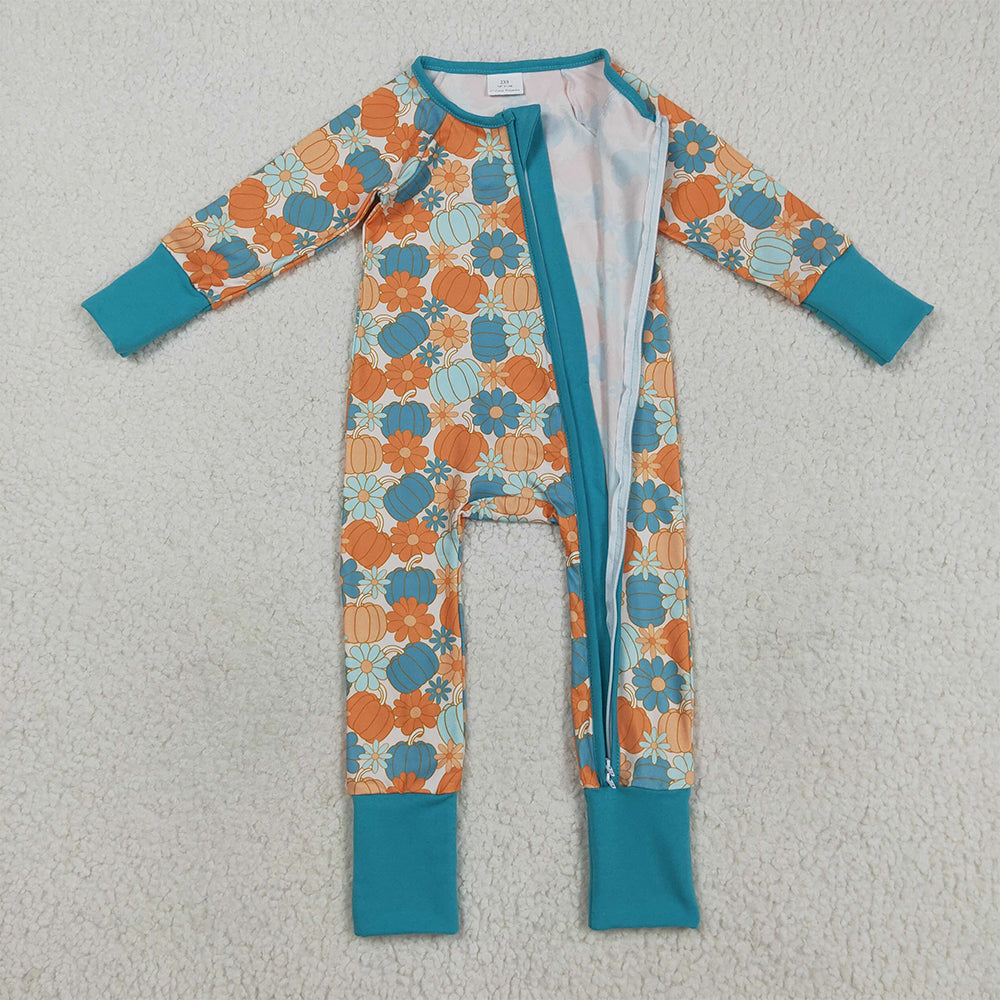 RTS NO MOQ (In stock)LR2461 Baby Boys Winter Rompers Baby Boys Colorful Pumpkins Flowers Fall Zipper Footie Rompers