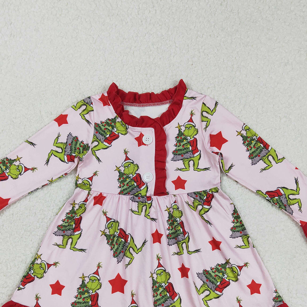 RTS NO MOQ (In stock)GLD1236 Baby Girls Winter Dress Long Sleeve Christmas Night Dress Red Stars Green Face Festive Holiday Party Dress