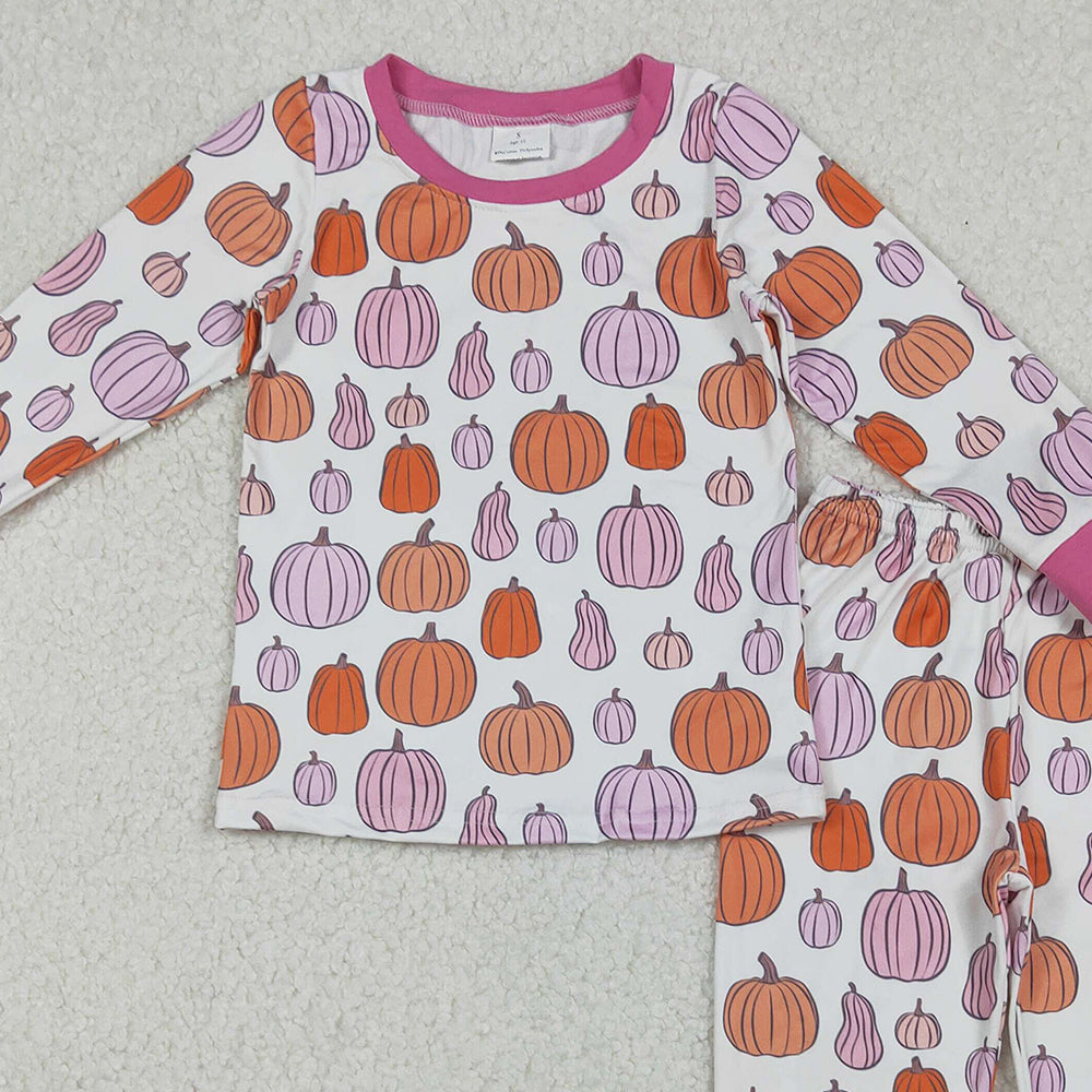 RTS NO MOQ (In stock)GLP2702 Baby Girls Winter Outfits Colorful Pumpkins Plaid Top Pants Fall Pajamas Sets