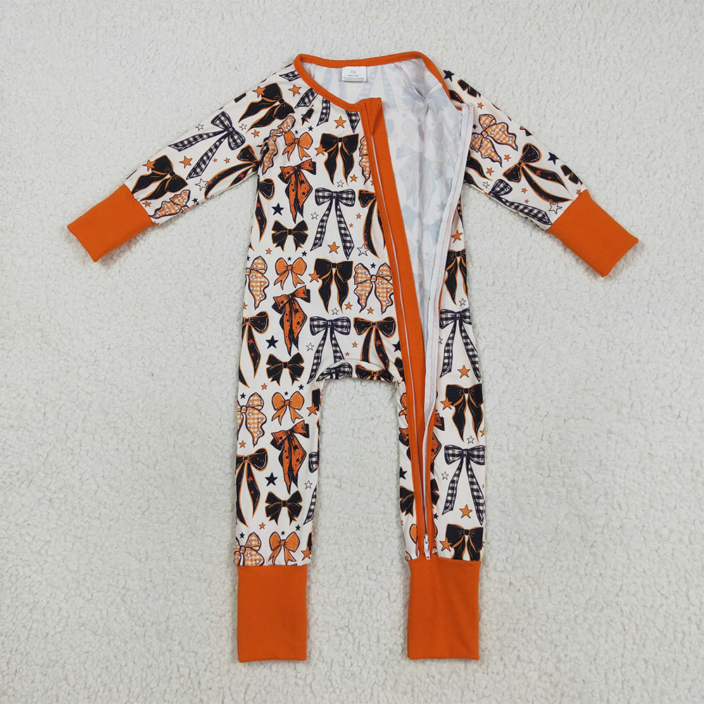 RTS NO MOQ (In stock)LR2409 Baby Boys Winter Rompers Baby Boys Orange Black Bows Stars Halloween Zipper Footie Rompers