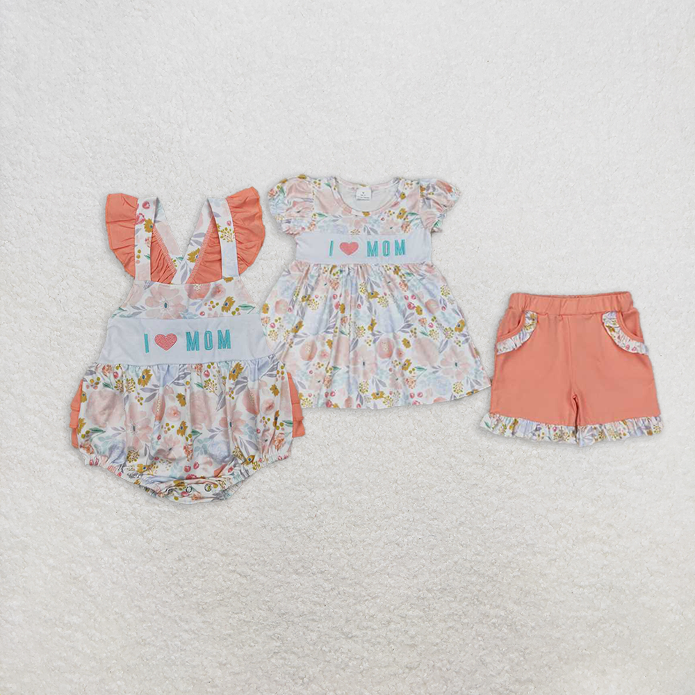 5.28 RTS NO MOQ Short sleeves I love MOM floral tunic shorts girls clothes rompers