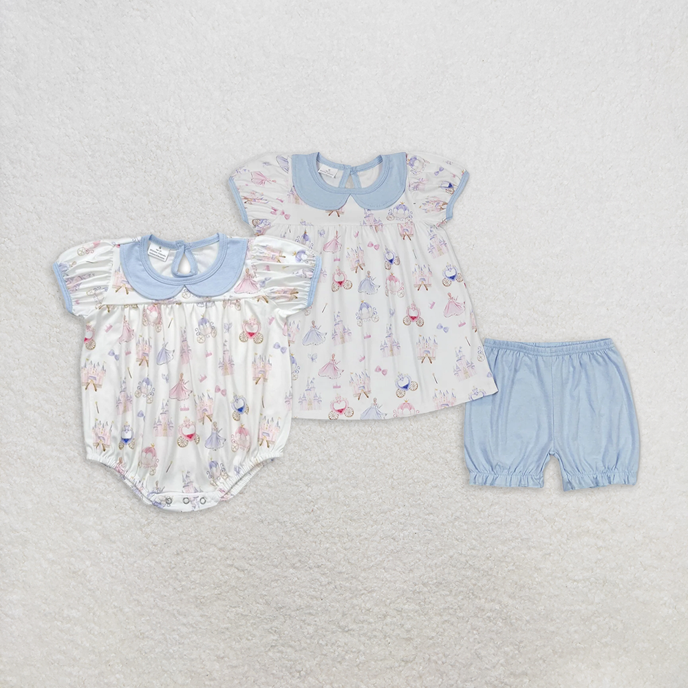 6.16 RTS NO MOQ Short sleeves carriage tunic shorts princess girls clothes rompers