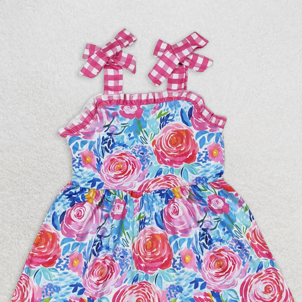 GSD0895RTS NO MOQ Baby Girls Summer Dress Baby Girls Pink Flowers Straps Sibling Summer Dresses Rompers Clothes Sets