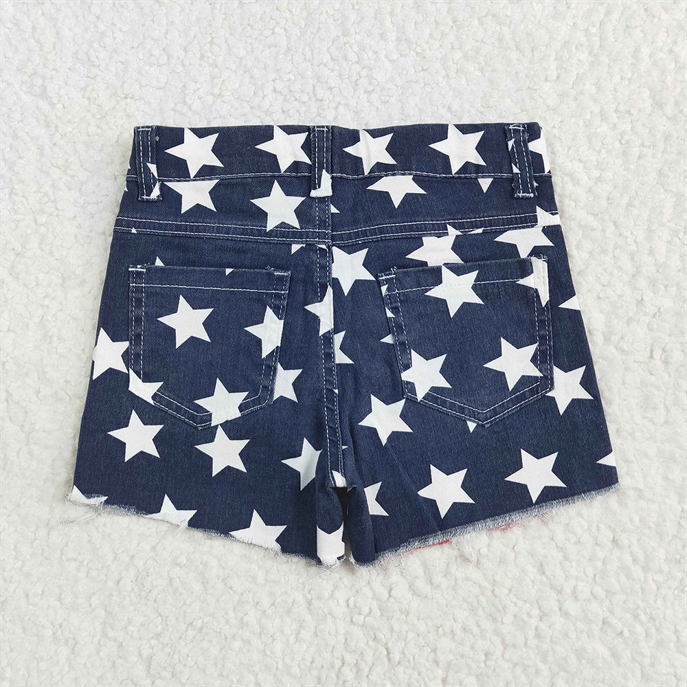 SS0168 RTS NO MOQ Baby Girls Denim Pants Baby Girls 4th Of July Stripes Stars Denim Shorts