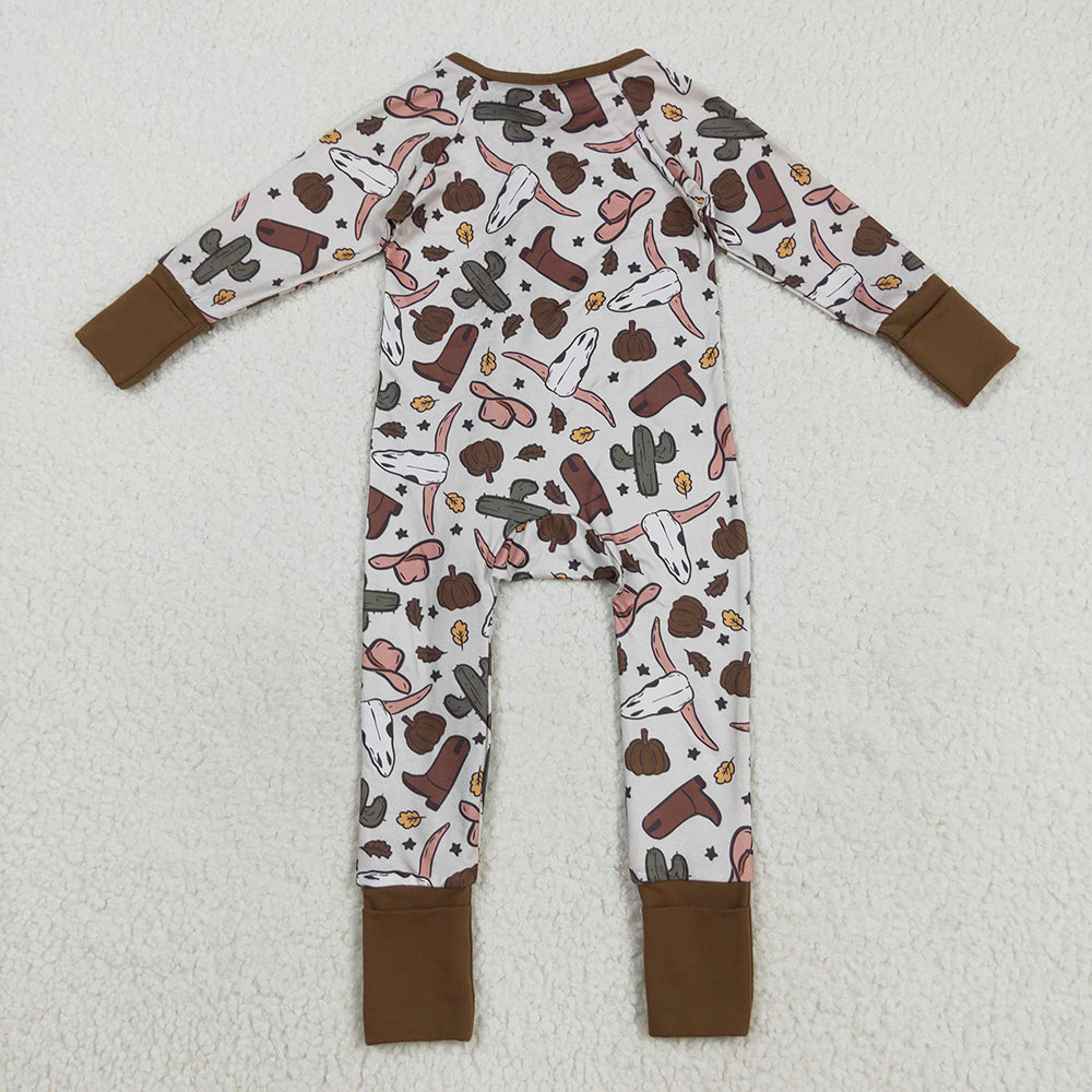 RTS NO MOQ (In stock)LR2334 Baby Boys Winter Rompers Baby Boys Western Brown Long Sleeves Bull Skull Cactus Zipper Rompers