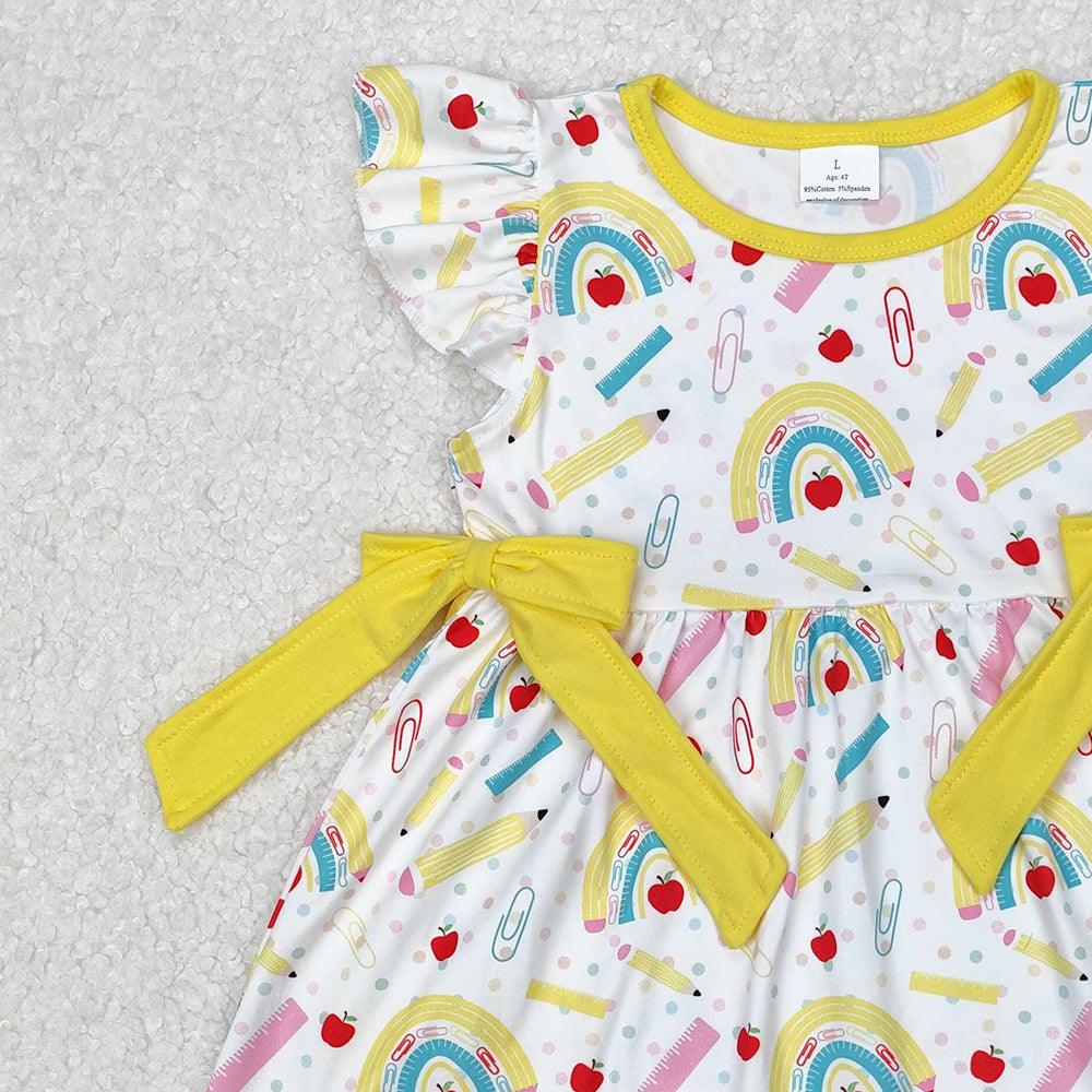 GSD1823Rainbow Girls Flutter Sleeve Apple Pencil Dress Cute Back to School Dress for Kids