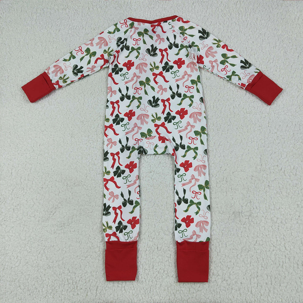 8.16 LR2203RTS NO MOQ Baby Boys Winter Rompers Baby Kids Long Sleeves Red Green Bows Zipper Rompers