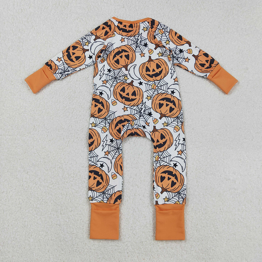 RTS NO MOQ (In stock)LR2528 Baby Boys Winter Rompers Spider Web Pumpkins Halloween Zipper Footie Rompers