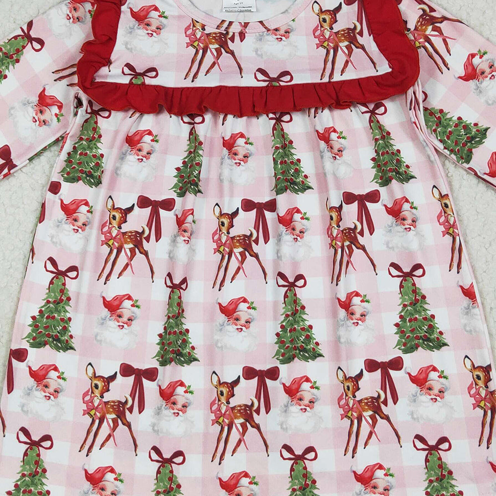 8.15 GLD1092 RTS NO MOQ Baby Girls Winter Dress Baby Girls Plaid Long Ruffle Sleeves Santa Trees Knee Length Dresses