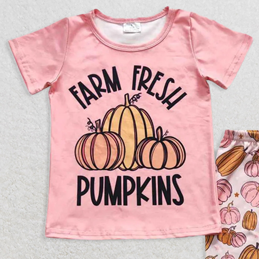 RTS NO MOQ (In stock) GSPO0607 Baby Girl Autumn Outfits PUMPKINS Pumpkin short-sleeved shorts set